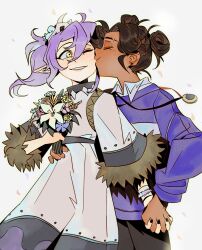  2girls amity_blight black_nails bouquet brown_hair collared_shirt commentary couple dark-skinned_female dark_skin double_bun dress eyebrow_cut fur-trimmed_dress fur_trim hair_bun hair_ornament happy highres holding holding_bouquet holding_hands interlocked_fingers jewelry kiss kissing_cheek luz_noceda multiple_girls necklace one_eye_closed purple_hair shirt skull_hair_ornament smile sweater the_owl_house untranslatable_commentary xixixixi1037 yellow_eyes yuri 