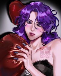  1girl :| aegyo_sal alternate_eye_color alternate_skin_color balloon bare_shoulders black_shirt blue_nails blush breasts closed_mouth collarbone commentary curly_hair curtained_hair drop_shadow english_commentary facing_viewer fingernails gem grey_background grey_gem hair_between_eyes hand_up heart heart_balloon highres holding holding_balloon kouxhii lace-trimmed_shirt lace_trim lips long_fingernails looking_at_object looking_down medium_hair mole mole_on_nose mole_under_eye my_little_pony my_little_pony:_equestria_girls my_little_pony:_friendship_is_magic nail_polish pink_lips purple_hair rarity_(equestria_girls) rarity_(my_little_pony) realistic shirt simple_background small_breasts solo strapless strapless_shirt thick_eyebrows tsurime twitter_username upper_body violet_eyes watermark 