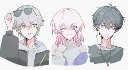  1girl 2boys 32c1ff adjusting_eyewear bare_shoulders black_hair black_jacket black_shirt blue_eyes blue_jacket caelus_(honkai:_star_rail) caelus_(world_tour_2023)_(honkai:_star_rail) closed_mouth commentary_request cropped_torso dan_heng_(feast)_(honkai:_star_rail) dan_heng_(honkai:_star_rail) earclip eyewear_on_head grey_hair hair_between_eyes hand_up highres honkai:_star_rail honkai_(series) hooded_shirt jacket jewelry looking_at_viewer march_7th_(feast)_(honkai:_star_rail) march_7th_(honkai:_star_rail) medium_hair multicolored_eyes multiple_boys necklace official_alternate_costume open_mouth parted_lips pink_eyes pink_hair shirt short_hair simple_background sleeveless sleeveless_sweater sunglasses sweater trailblazer_(honkai:_star_rail) turtleneck turtleneck_sweater two-tone_eyes v white_background white_shirt white_sweater yellow_eyes 
