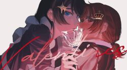  :d :o absurdres aijou_karen alternate_costume alternate_hairstyle black_hair black_shirt blue_eyes blush brown_eyes brown_hair candy character-themed_food collared_jacket commentary covering_another's_mouth covering_own_mouth cross crown_hair_ornament english_text enmaided fingernails food frilled_shirt frills from_side greek_cross hair_ornament hair_tie hand_up highres holding holding_candy holding_food holding_lollipop imminent_kiss jacket kagura_hikari leaning_back leaning_forward ling_(chaaaaanhikari) lollipop long_sleeves looking_at_viewer looking_to_the_side maid medium_hair mr._white_(revue_starlight) nervous_sweating parted_bangs plastic_wrap ponytail profile red_light shirt short_ponytail shoujo_kageki_revue_starlight simple_background smile sparkle_hair_ornament stuffed_animal stuffed_toy sweat teddy_bear teeth underlighting upper_body upper_teeth_only valentine white_background yuri 