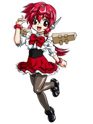  1girl android bandabekken black_shoes bow bowtie bracelet bronze_parrot cummerbund frilled_shirt frills hand_up headpiece jewelry long_hair low_ponytail mechanical_wings open_mouth pantyhose pleated_skirt ponytail red_bow red_bowtie red_eyes red_hair red_skirt robokomi robot_ears shirt shoes simple_background skirt smile solo standing standing_on_one_leg suzuki_roboko waitress white_background white_shirt wings 