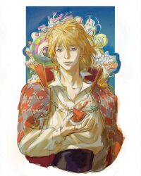  1boy argyle_clothes argyle_coat black_pantyhose blonde_hair blue_background border coat coat_on_shoulders collared_shirt earrings hair_between_eyes highres howl_(howl_no_ugoku_shiro) howl_no_ugoku_shiro jewelry light_smile looking_at_viewer male_focus munjilly pantyhose pendant pillarboxed ring shirt short_hair sketch solo twitter_username unfinished upper_body white_border white_shirt 