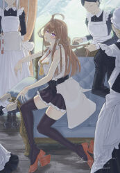  5girls absurdres ahoge apron black_dress black_hair black_skirt black_thighhighs blonde_hair breasts brown_hair brushing_another's_hair brushing_hair commentary_request diablo010059 double_bun dress fingernails frilled_skirt frills grey_hair hair_brush hair_bun high_heels highres holding holding_another's_hair holding_hair_brush indoors jewelry kantai_collection kongou_(kancolle) large_breasts long_fingernails long_hair long_sleeves maid maid_apron multiple_girls nontraditional_miko ring rudder_footwear sitting skirt solo_focus thigh-highs very_long_hair violet_eyes wedding_ring white_nails 