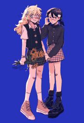  2girls absurdres antenna_hair artist_name bandaid bandaid_on_cheek bandaid_on_face bandaid_on_knee bandaid_on_leg basil_(faraway)_(omori) basil_(omori) black_shoes black_socks black_sweater blonde_hair blue_background blue_eyes blush bright_pupils brown_shoes collared_shirt commentary double-parted_bangs ear_piercing english_commentary flower freckles genderswap genderswap_(mtf) green_sweater_vest hair_between_eyes hair_flower hair_ornament highres holding_hands kiisaes long_hair long_sleeves looking_at_viewer low_twintails multiple_girls omori open_mouth piercing shirt shoes short_hair short_sleeves short_twintails simple_background smile socks standing sunny_(omori) sweater sweater_vest twintails white_pupils white_shirt white_socks yuri 