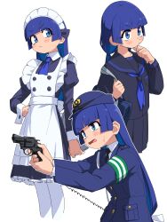  1girl armband bag black_necktie black_skirt blue_eyes blue_hair blue_hat blue_neckerchief blunt_bangs blush choshi_nonna closed_mouth collared_shirt commentary_request duffel_bag gun hat highres holding holding_bag holding_gun holding_tray holding_weapon long_hair long_sleeves looking_at_viewer maid maid_headdress neckerchief necktie new_nambu_m60 open_mouth original pleated_skirt police police_uniform policewoman revolver school_uniform shirt simple_background skirt solo sweatdrop tray weapon white_background white_shirt yachima_tana 