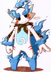 1boy :> animal_ears animal_nose black_eyes blue_fur blush body_markings boots cape cute eyebrows fang fangs fire fluffy full_body fur furry green_sclera hairband jinya komainu looking_at_viewer musical_note ponytail shadow shishikoma simple_background smile solo spiral striped swirl tail white_background white_fur wrist_cuffs yellow_sclera youkai youkai_watch