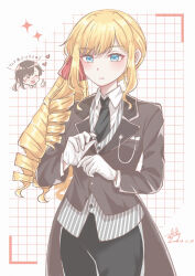  2girls absurdres acchuu_(achu10273) adjusting_clothes adjusting_gloves blonde_hair blue_eyes butler claire_francois coattails commentary_request crossdressing crossdressing_(ftm) drill_hair female_butler gloves hair_ornament hair_ribbon heart highres long_hair multiple_girls official_alternate_costume rae_taylor red_ribbon ribbon short_hair side_ponytail tailcoat thumbs_up watashi_no_oshi_wa_akuyaku_reijou white_gloves 