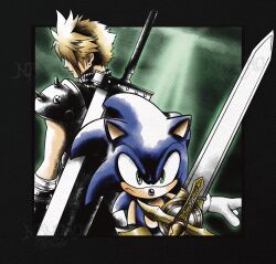  2boys armor back-to-back bandaged_arm bandages black_border blonde_hair border buster_sword closed_mouth cloud_strife fighting_stance final_fantasy final_fantasy_vii frown furrowed_brow furry furry_male furry_with_non-furry gloves green_eyes hair_over_eyes hedgehog_boy highres holding holding_sword holding_weapon interspecies male_focus mamono_world multiple_boys pauldrons ribbed_shirt shirt short_hair shoulder_armor single_pauldron sleeveless sleeveless_turtleneck sonic_(series) sonic_and_the_black_knight sonic_the_hedgehog spiky_hair sword sword_on_back turtleneck upper_body weapon weapon_on_back white_gloves 