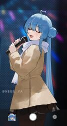  1girl 2_nan_5 ahoge arahashi_tabi artist_collaboration black_dress black_pantyhose blue_eyes blue_hair blush brown_jacket closed_eyes commentary_request cowboy_shot double-parted_bangs double_bun dress fake_phone_screenshot fake_screenshot hair_bun hands_up heart heart_ahoge highres holding holding_microphone jacket korean_commentary long_hair long_sleeves looking_at_viewer microphone music nbee_ya open_mouth pantyhose scarf singing solo stellive twintails twitter_username virtual_youtuber watermark watermark_grid white_scarf 