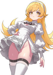  1girl 2p_(nier:automata) 2p_(nier:automata)_(cosplay) absurdres blonde_hair boots breasts cleavage_cutout clothing_cutout cosplay dress hairband highleg highleg_leotard highres leotard leotard_under_clothes looking_at_viewer luna_velstra monogatari_(series) nier:automata nier_(series) oshino_shinobu simple_background small_breasts solo thigh-highs thigh_boots white_background white_dress white_hairband white_leotard white_thighhighs yellow_eyes 