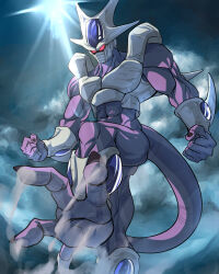  1boy above_clouds abs alien armor black_nails breastplate clenched_hands clouds colored_skin cooler_(dragon_ball) cooler_(fifth_form)_(dragon_ball) day dragon_ball dragon_ball_z glowing glowing_eyes greymon_(nodoame1215) highres horns light_rays mask mouth_mask muscular muscular_male navel no_pupils purple_skin red_eyes shoulder_armor solo spiked_armor spikes sun sunbeam sunlight tail vambraces 