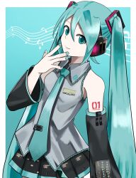  1girl aqua_background aqua_eyes aqua_hair aqua_nails aqua_necktie bare_shoulders black_skirt border detached_sleeves grey_shirt hashtag-only_commentary hatsune_miku headset highres nail_polish necktie number_tattoo otogiri_ht outside_border pleated_skirt sheet_music shirt shoulder_tattoo skirt sleeveless sleeveless_shirt solo tattoo vocaloid white_border 