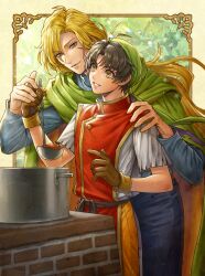  2boys bandana black_hair blonde_hair commentary_request cross_scar gensou_suikoden gensou_suikoden_i gloves green_bandana gremio_(suikoden) hayasu highres holding holding_ladle ladle long_hair looking_at_another multiple_boys red_tunic scar scar_on_face short_hair soup_ladle tir_mcdohl tunic 
