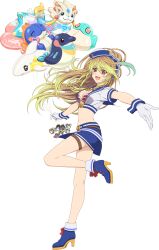  1girl ahoge animal_balloon artist_request bikini bikini_top_only blonde_hair blue_hat blue_shoes blue_skirt breasts choker dyed_ahoge full_body game_cg gloves gradient_hair green_hair hat highres long_hair looking_at_viewer medium_breasts milla_maxwell multicolored_hair navel official_alternate_costume official_art red_bikini red_choker red_eyes sailor shoes skirt solo swimsuit tales_of_(series) tales_of_asteria tales_of_xillia third-party_source transparent_background white_gloves 