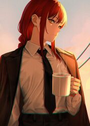  1girl absurdres black_coat black_necktie chainsaw_man chromatic_aberration coat coat_on_shoulders coffee_mug collared_shirt cup highres holding holding_cup long_hair looking_at_viewer makima_(chainsaw_man) morning mug necktie orianareii outdoors power_lines red_hair ringed_eyes shirt shirt_tucked_in sidelocks solo steaming_cup trench_coat white_shirt yellow_eyes 