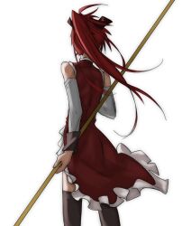  1girl bare_shoulders bow brown_bow detached_sleeves dress feet_out_of_frame frilled_dress frills from_behind grey_thighhighs hair_bow highres holding holding_polearm holding_weapon long_hair mahou_shoujo_madoka_magica polearm ponytail red_dress red_hair sakura_kyoko sakura_kyoko_(magical_girl) sayalovekyou simple_background sleeveless sleeveless_dress solo standing thigh-highs weapon white_background white_sleeves 