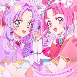  2girls akechi_anna blue_eyes bow bowtie braid brooch capelet commentary cure_answer cure_mystique double_bun dress earrings fingerless_gloves gloves hair_bow hair_bun hair_intakes hair_ornament hand_on_another's_hand heart heart_brooch heart_hair_ornament jewelry kobayashi_mikuru layered_gloves long_hair looking_at_viewer magical_girl meitantei_precure! multiple_girls outline palms_together parted_bangs precure purple_bow purple_bowtie purple_capelet purple_dress purple_hair red_bow red_bowtie red_capelet red_dress sakaagari twin_braids twitter_username upper_body violet_eyes white_outline wing_hair_ornament 