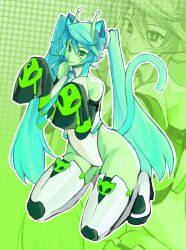 1girl alien animal_ears antennae aqua_hair aqua_necktie black_sleeves boots cat_ears cat_tail collared_leotard colored_skin detached_sleeves emily_botta glorpi_miku_(dyarikku) green_eyes green_skin hatsune_miku highres kneeling leotard long_hair looking_at_viewer necktie sleeves_past_fingers sleeves_past_wrists smile solo tail thigh_boots vocaloid white_boots white_leotard 