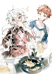  ! !? 1boy 1girl :o artist_request blush breasts closed_mouth commentary_request cooking dress emiya_shirou fate/stay_night fate_(series) flipping_food food frying_pan gaoyue_jixiang grilling hair_between_eyes highres holding holding_frying_pan kitchen long_hair looking_at_viewer multicolored_hair oc_x_canon orange_hair original red_eyes second-party_source smile stove surprised suzumiya_toru_(gaoyue_jixiang) twintails very_long_hair white_hair wide-eyed 