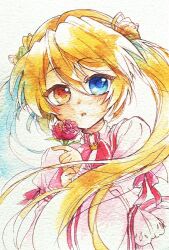  1girl blonde_hair blue_eyes blue_hair blush chogi colored_inner_hair commentary crown dress floating_hair flower hair_between_eyes hand_up heterochromia holding holding_flower kazamatsuri_institute_high_school_uniform long_hair long_sleeves looking_at_viewer mini_crown multicolored_hair nakatsu_shizuru neck_ribbon no_eyepatch parted_lips pink_dress red_flower red_ribbon rewrite ribbon school_uniform simple_background solo traditional_media twintails upper_body very_long_hair white_background wide_sleeves yellow_eyes 