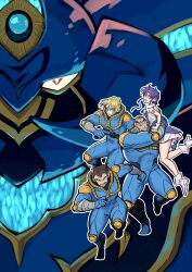  1girl 3boys absurdres armor blonde_hair blue_armor blue_bodysuit bodysuit boots brown_hair bug_(getter_robo_arc) buzz_cut carrying carrying_over_shoulder carrying_person circlet clenched_teeth colored_skin commentary_request dress earrings elbow_pads fanfiction_available forehead forehead_jewel frown full_body gem getter_robo getter_robo_arc gloves glowing gold_circlet gold_trim gun hanahiyo_(hoimin) hand_on_another's_back hand_on_another's_thigh highres holding holding_gun holding_weapon jewelry knee_pads long_sidelocks looking_at_viewer looking_back mecha mecha_focus mecha_pilot_suit multicolored_skin multiple_boys nagare_takuma open_mouth outline purple_hair red_gem reptile_boy robot running short_dress short_hair shou_kamui shoulder_pads sidelocks sphere_earrings super_robot_wars super_robot_wars_30 super_robot_wars_the_lord_of_elemental teeth two-tone_skin v-shaped_eyebrows very_short_hair weapon white_boots white_dress white_gloves white_outline xenia_grania_bilseia yamagishi_baku 