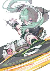  1girl absurdres animal_bag bear_bag black_dress chain charm_(object) circular_saw commentary_request corin_wickes dress green_hair hair_between_eyes highres long_hair looking_at_viewer maid maid_headdress miles0088 puffy_short_sleeves puffy_sleeves saw serious short_sleeves simple_background solo twintails violet_eyes white_background zenless_zone_zero 