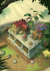  absurdres bench blue_flower building commentary_request concept_art day european_architecture flower flower_pot highres lamppost murakoyafactory no_humans original outdoors pink_flower plant scenery stairs table 