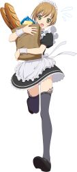  1girl apron artist_request baguette black_shoes black_thighhighs bread brown_hair food full_body game_cg green_eyes highres holding holding_pastry_bag leia_rolando leia_rolando_(maid) looking_at_viewer maid maid_apron maid_headdress official_alternate_costume official_art open_mouth pastry_bag running shoes short_hair solo tales_of_(series) tales_of_asteria tales_of_xillia thigh-highs thighs third-party_source transparent_background 