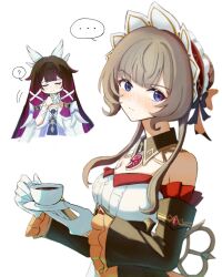  ... 2girls ? bare_shoulders black_collar black_hair black_sleeves blue_eyes blush bonnet bow breasts brown_hair closed_eyes closed_mouth coffee collar columbina_(genshin_impact) cup detached_collar detached_sleeves dress eun_tae_sik eye_mask gem genshin_impact gloves hair_bow hair_bun hair_ornament hand_on_own_chest head_wings headdress highres holding holding_cup holding_saucer korean_commentary light_blush long_hair long_sidelocks long_sleeves mask multicolored_hair multiple_girls multiple_wings plate purple_hair purple_streaks red_gem ribbon sandrone_(genshin_impact) saucer see-through_clothes see-through_mask short_hair_with_long_locks sidelocks simple_background smile streaked_hair teacup two-tone_hair very_long_hair white_background white_dress white_gloves white_headdress white_mask white_wings winding_key wing_hair_ornament wings wrist_bow x-shaped_eyewear 
