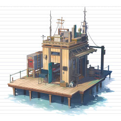  barrel chair commentary grill highres hose isobe_toast ladder no_humans open_door original power_lines radio_antenna scenery sink table water window wire_fence 