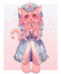  1girl animal_ears animal_hands blue_hat blue_kimono cat_ears cat_girl cat_paws cat_tail commentary_request fangs frilled_kimono frills furrification furry furry_female hat highres japanese_clothes kimono long_sleeves looking_at_viewer medium_hair mob_cap open_mouth pink_eyes pink_fur pink_hair qiu_ju saigyouji_yuyuko sleeve_garter smile solo tail touhou translation_request triangular_headpiece wide_sleeves 