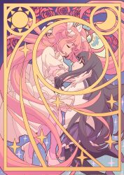  2girls akemi_homura akemi_homura_(magical_girl) argyle_clothes argyle_thighhighs black_hair black_thighhighs bow crescent dress floating flower full_body goddess_madoka hair_bow hand_on_another's_head high_heels highres itsironicmom kaname_madoka long_hair long_sleeves mahou_shoujo_madoka_magica multiple_girls pink_hair purple_shoes purple_skirt red_flower red_ribbon red_rose ribbon rose shoes short_sleeves skirt star_(symbol) sun_symbol thigh-highs white_bow white_dress white_shoes yuri 