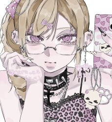  1girl aegyo_sal animal_print artist_name bead_necklace beads black_choker bow camisole caru_c1 choker closed_mouth commentary cross cross_choker ear_piercing eyebrow_piercing face_piercing fingernails glasses hair_bow hand_up head_rest highres holding holding_phone jewelry leopard_print long_fingernails multicolored_nails necklace original phone piercing pink_bow pink_eyes polka_dot polka_dot_bow print_camisole rimless_eyewear simple_background solo spiked_choker spikes untranslatable_commentary upper_body white_background 