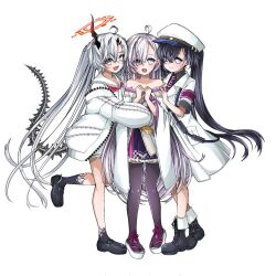  3girls 909_(reverseblue) ahoge armband asymmetrical_bangs asymmetrical_horns black_boots black_dress black_hair black_shirt black_shoes black_thighhighs boots collared_shirt commentary_request double_halo dress fang full_body grey_eyes grey_hair halo hat heterochromia horns jacket japanese_clothes kimono long_hair masuta2236 military_hat military_jacket military_uniform minus_(reverseblue) multiple_girls murasaki_(reverseblue) neckerchief necktie off_shoulder open_clothes open_jacket peaked_cap purple_trim red_armband red_eyes red_halo red_neckerchief red_necktie reverseblue_x_re-birthend sailor_collar sailor_dress shirt shoes short_sleeves skin_fang striped_clothes striped_necktie thigh-highs twintails very_long_hair white_dress white_hair white_jacket white_kimono white_sailor_collar 