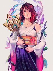  1girl bare_shoulders blue_eyes blue_skirt brown_hair collarbone cowboy_shot detached_sleeves earrings english_commentary final_fantasy final_fantasy_x floral_background green_eyes heterochromia highres holding holding_staff jewelry lips looking_at_viewer medium_hair necklace nontraditional_miko obi parted_lips pink_lips print_skirt ring sash single_earring skirt solo staff straight-on tholia_bentz twitter_username white_sleeves wide_sleeves yuna_(ff10) 