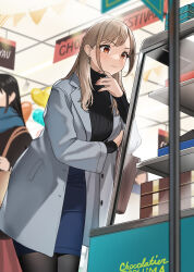  2girls bag black_pantyhose black_sweater blue_scarf blue_skirt blush brown_hair ceiling character_request closed_mouth commentary_request doushimasho earrings faceless faceless_female grey_jacket hair_behind_ear hand_up highres indoors jacket jewelry kaisha_no_senpai_akaori-san long_hair multiple_girls open_clothes open_jacket pantyhose pencil_skirt pennant red_eyes ribbed_sweater scarf skirt solo_focus string_of_flags sweater tile_ceiling tiles turtleneck turtleneck_sweater 