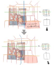  2girls arched_bangs arm_up backpack bag bag_charm brown_coat brown_eyes brown_hair brown_scarf bus_interior charm_(object) closed_eyes coat commentary_request covered_mouth day grey_scarf grey_skirt highres how_to jacket long_hair long_sleeves looking_at_another looking_to_the_side morison multiple_girls original parted_lips perth purple_jacket scarf sitting skirt sleeping sleeping_upright slice_of_life winter_clothes 