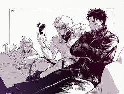  1girl 2boys barefoot book crossed_arms crossed_legs drawing_(action) greyscale half_mask highres holding holding_marker kagurabachi katsutacle kyonagi_char lying marker mask monochrome multiple_boys on_stomach open_book open_mouth pillow rokuhira_chihiro sazanami_hakuri scar scar_on_face single_sidelock sitting tongue tongue_out v 