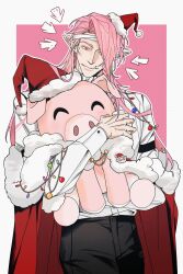  1boy adversarial_noise animification arrow_(symbol) bishounen black_pants border cape chinese_commentary christmas christmas_lights commentary_request corrbbe_(joker76381) cowboy_shot dream_smp earrings fang fur-trimmed_cape fur_trim hat highres holding holding_stuffed_toy humanization jewelry long_hair long_sleeves looking_at_viewer male_focus minecraft_youtube mini_hat pants pink_background pink_hair pointy_ears red_cape red_eyes santa_hat scar scar_on_face shirt simple_background single_earring solo standing stuffed_animal stuffed_pig stuffed_toy technoblade white_border white_shirt youtooz 