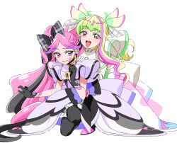  2girls :d artist_name black_bow black_dress black_gloves black_hair black_pantyhose black_thighhighs blonde_hair boots bow closed_mouth cure_kiss cure_zukyuun dress earrings eighth_note elbow_gloves gloves gradient_hair green_hair hair_bow hair_ornament hand_on_another's_shoulder hand_up hands_on_another's_shoulders high_heels highres jewelry kimi_to_idol_precure long_dress long_hair looking_at_another looking_at_viewer magical_girl meroron_(precure) multicolored_hair multiple_girls musical_note musical_note_hair_ornament on_one_knee open_mouth pantyhose parted_lips pink_boots pink_eyes pink_hair pink_shoes plaid_bow precure purirun_(precure) purple_bow purple_dress purple_hair shirako_love shoes sideways_glance simple_background smile streaked_hair thigh-highs twitter_username very_long_hair violet_eyes white_background white_dress white_gloves 
