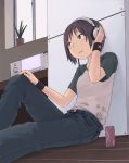  blue_jeans brown_eyes brown_hair can headphones jeans masaru open_zipper raglan_sleeves short_hair sitting wristband wristbands zipper 