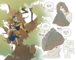  1girl 2boys animal_feet bird_legs bird_wings brown_hair brown_wings character_request child chinese_clothes claws commentary_request dress feathered_wings g0ng_g0ng getian_(reverse:1999) hanfu harpy_boy highres in_tree korean_commentary korean_text monster_boy multiple_boys multiple_views reverse:1999 short_hair simple_background sitting sitting_in_tree sleeping translation_request tree white_background white_hanfu winged_arms wings 
