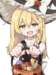  1girl :d banana basket black_dress black_hat bow braid candy chocolate commentary_request double-parted_bangs dress food fruit hair_between_eyes halloween_bucket hat hat_bow heart heart-shaped_chocolate heart-shaped_food highres holding holding_basket holding_halloween_bucket kirisame_marisa looking_at_viewer medium_hair open_mouth outstretched_arms purple_bow shirt simple_background single_braid smile solo touhou trick_or_treat turtleneck turtleneck_shirt upper_body white_background white_bow white_shirt witch_hat yadorii 