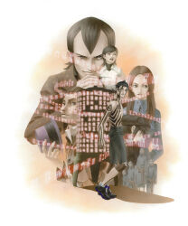  >:) 2girls 4boys 4others absurdres black_hair black_hat black_shoes black_shorts brown_hair coat demi-fiend evil_smile from_side full-body_tattoo grey_robe hat highres hijiri_jyouji hikawa_(megami_tensei) holding holding_unworn_clothes holding_unworn_hat horns kazuma_kaneko long_hair looking_at_viewer looking_to_the_side manikin_(megami_tensei) multiple_boys multiple_girls multiple_others newsboy_cap nitta_isamu official_art orange_background own_hands_clasped own_hands_together peacoat robe rope_belt shin_megami_tensei shin_megami_tensei_iii:_nocturne shiraishi_megumi_(colorist) shoes short_hair shorts single_horn smile sneakers tachibana_chiaki_(megami_tensei) takao_yuko tattoo third-party_source topless_male turtleneck two-tone_background unworn_hat unworn_headwear v-shaped_eyebrows white_background white_coat 