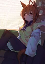  1girl absurdres agnes_tachyon_(tach-nology)_(umamusume) agnes_tachyon_(umamusume) ahoge animal_ears black_necktie black_pantyhose blush breasts brown_hair closed_mouth coat couch gorioshi0802 hair_between_eyes highres horse_ears horse_girl horse_tail lab_coat long_sleeves medium_breasts medium_hair necktie on_couch pantyhose red_eyes shirt short_necktie sitting sleeves_past_fingers sleeves_past_wrists solo sweater sweater_vest tail umamusume white_coat wolf_cut yellow_sweater yellow_sweater_vest 