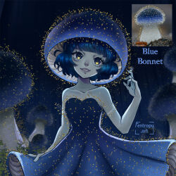  1girl aegyo_sal blue_dress blue_eyes blue_hair colored_skin dress english_text eyelashes fentropy funguary grey_skin grin highres lips multicolored_eyes mushroom mushroom_girl mushroom_hat object_and_personification original personification photo_inset reference_inset smile solo two-tone_eyes upper_body yellow_eyes 