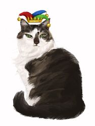  animal_focus cat floating_hat green_eyes grumpy hat highres jester_cap junbuug looking_to_the_side no_humans original painterly simple_background white_background 