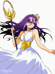  1girl alternate_hair_color alternate_hair_length alternate_hairstyle armlet artist_name athena_(saint_seiya) athena_(saint_seiya)_(cosplay) bleach breasts commentary cosplay cowboy_shot dress expressionless highres holding holding_staff jewelry kuchiki_rukia lips long_hair purple_hair purple_lips saint_seiya small_breasts solo staff umbra_(edits_umbra) violet_eyes watermark white_dress 