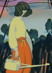  1girl absurdres alternate_costume arms_at_sides closed_mouth commentary_request facing_ahead feet_out_of_frame green_hair green_lips hair_over_eyes highres holding holding_watering_can hotoke_party kazami_yuuka long_sleeves muted_color orange_pants outdoors pants puffy_long_sleeves puffy_sleeves shirt short_hair sky solo standing touhou tree watering_can yellow_shirt 