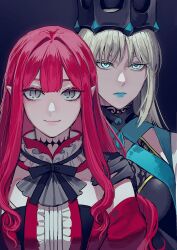  2girls adoptive_parent_and_adoptive_child ascot baobhan_sith_(fate) baobhan_sith_(first_ascension)_(fate) black_background black_crown black_dress black_gloves black_ribbon blue_eyes blue_lips center_frills closed_mouth commentary_request crown detached_collar detached_sleeves dress fate/grand_order fate_(series) frills gjtthflmaster gloves gold_trim grey_ascot grey_eyes grey_hair hair_between_eyes hand_on_another's_shoulder korean_commentary lipstick long_hair looking_ahead looking_at_viewer makeup morgan_le_fay_(fate) morgan_le_fay_(queen_of_winter)_(fate) mother_and_daughter multiple_girls neck_ribbon pointy_ears red_dress red_hair ribbon serious simple_background slit_pupils smile spikes upper_body 
